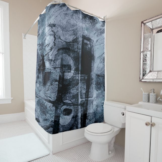 Painted Graffiti Grunge | Dark Navy and Denim Blue Shower Curtain (In Situ)