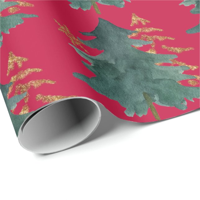 Painted Green and Gold Trees with Snowflake Print Wrapping Paper (Roll Corner)