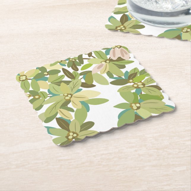 Painted Green Leaves Botanical Greenery Art Paper Coaster (Angled)