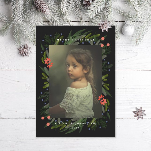 Painted Greenery Frame Photo Holiday Card (Creator Uploaded)