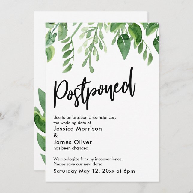 Painted Greenery Postponed Wedding Announcement (Front/Back)