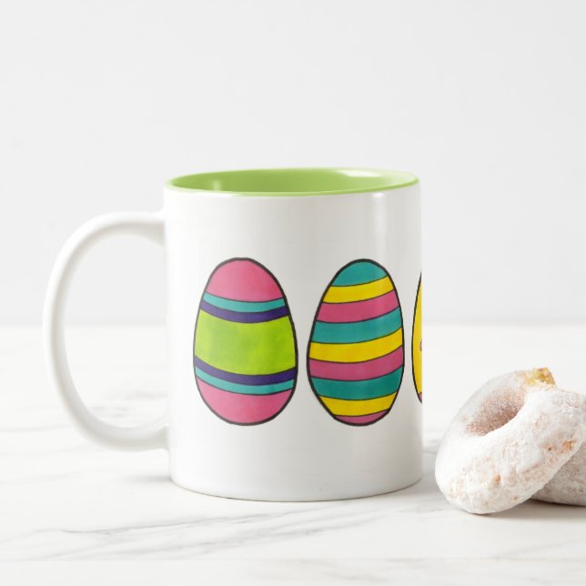 Painted Happy Easter Egg Hunt Eggs Springtime Two-Tone Coffee Mug (With Donut)