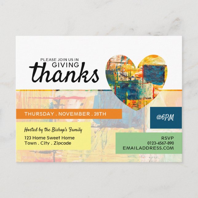 Painted Heart, Thanksgiving Party Invitation Postcard (Front)