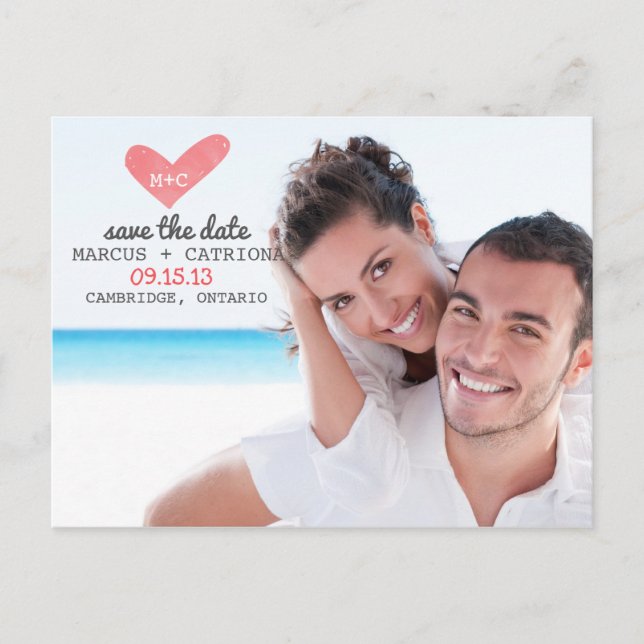 Painted Heart Typewritten Save the Date Postcard (Front)