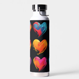 Painted hearts on a black background water bottle