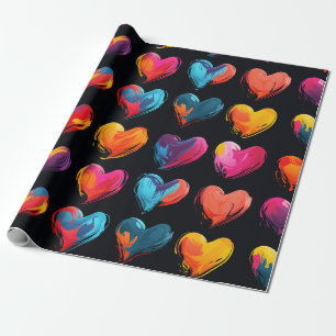Painted hearts on a black background   wrapping paper