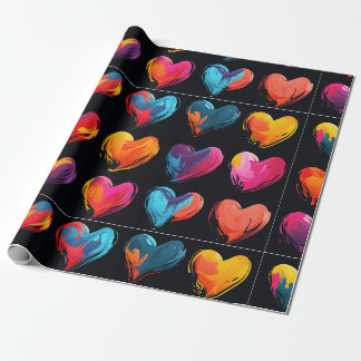 Painted hearts on a black background wrapping paper