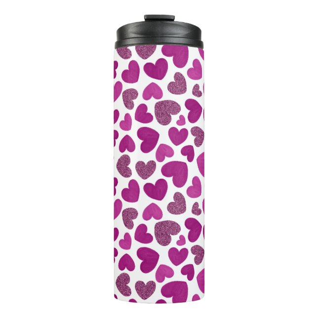 Painted hearts pattern - magenta & glitter thermal tumbler (Front)