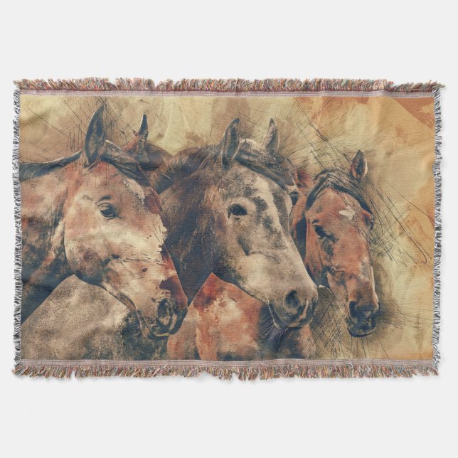 Painted Horses Collage Throw Blanket (Front)