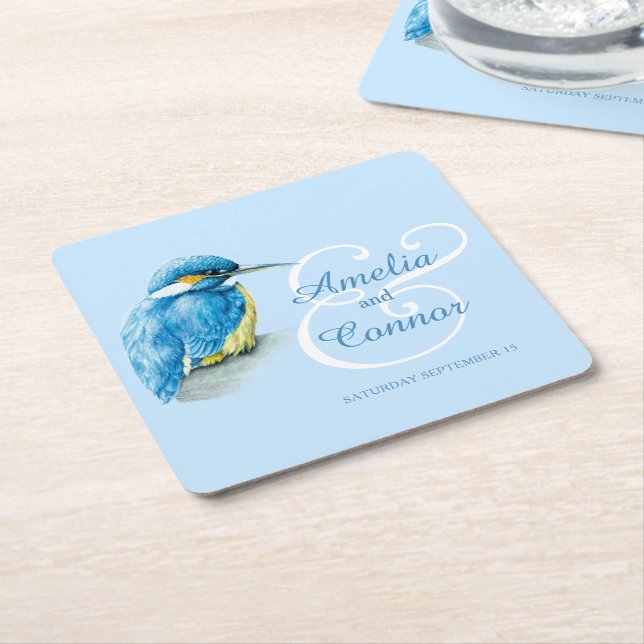 Painted kingfisher bird art custom wedding square paper coaster (Angled)
