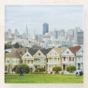 Painted Ladies, Victorian houses and skyline Glass Coaster