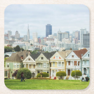 Painted Ladies, Victorian houses and skyline Square Paper Coaster