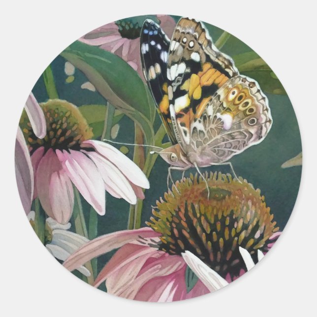 Painted Lady Butterfly Coneflower Watercolor Art Classic Round Sticker (Front)