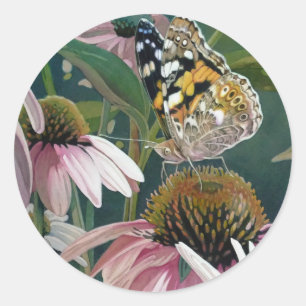Painted Lady Butterfly Coneflower Watercolor Art Classic Round Sticker