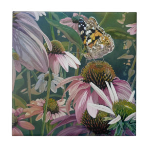 Painted Lady Butterfly Coneflowers Watercolor Art Tile