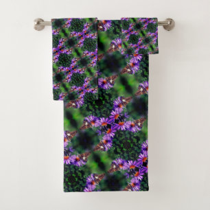 Painted Lady Butterfly On Aster Flower Abstract Bath Towel Set