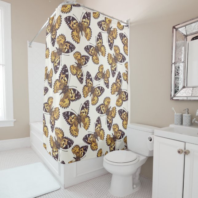 Painted lady butterfly pattern shower curtain (In Situ)