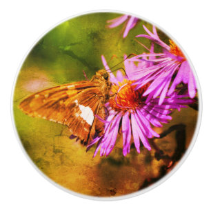 Painted Lady Butterfly Wild Aster Flower Abstract Ceramic Knob