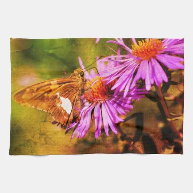 Painted Lady Butterfly Wild Aster Flower Abstract Tea Towel (Horizontal)