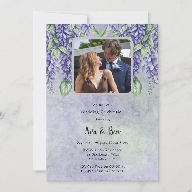 Painted Lavender Wisteria Floral Add Photo Wedding Invitation (Front)