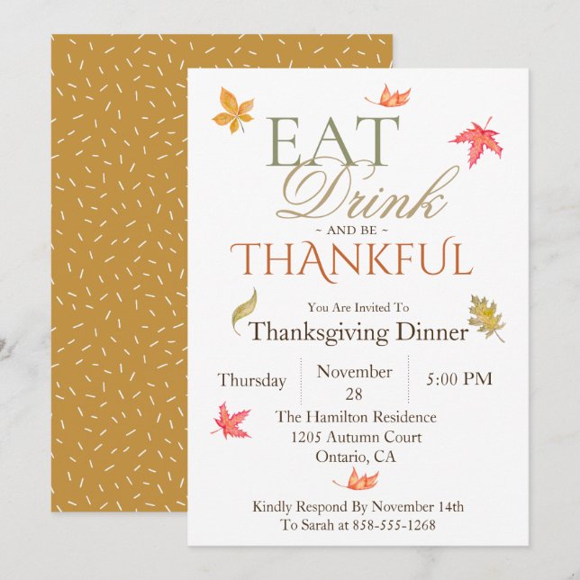 Painted Leaves Thanksgiving Dinner Invitation (Front/Back)