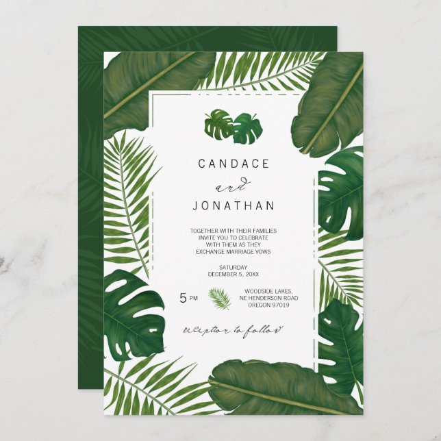 Painted Leaves Tropical Wedding Invitation (Front/Back)