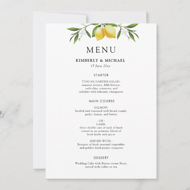Painted lemons greenery foliage wedding menu invitation (Front)