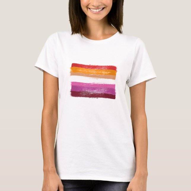 PAINTED LESBIAN PRIDE FLAG SUNSET STRIPES T-Shirt (Front)