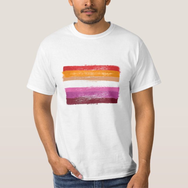 PAINTED LESBIAN PRIDE FLAG SUNSET STRIPES T-Shirt (Front)