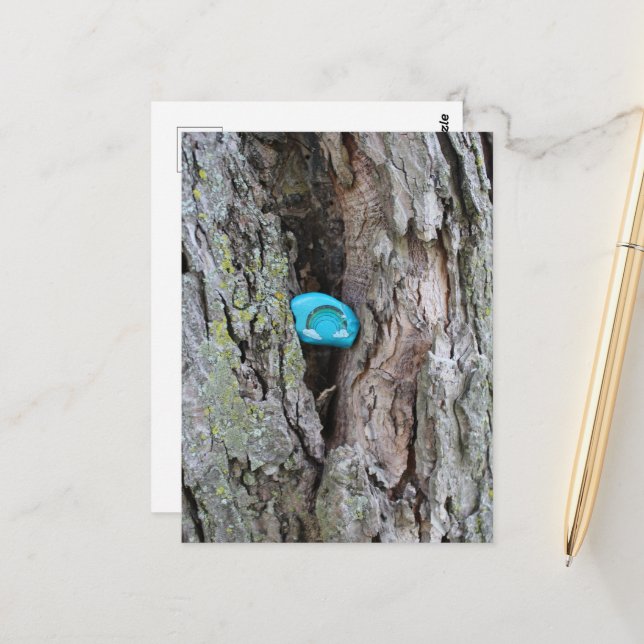 Painted Little Rainbow Rock Hidden in a Tree Postcard (Front/Back In Situ)