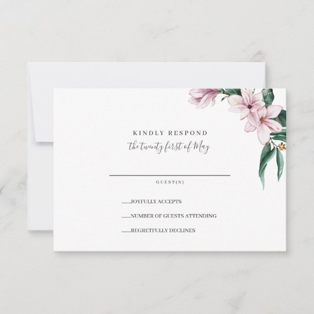 Painted Magnolia and leaves | Grey | Wedding RSVP Card (Front)