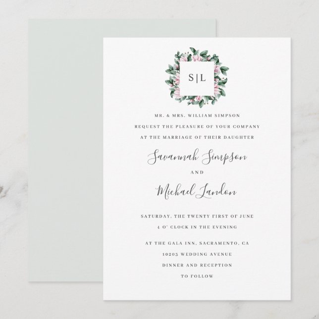 Painted Magnolia Eucalyptus grey monogram wedding Invitation (Front/Back)