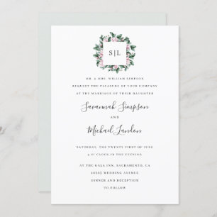 Painted Magnolia Eucalyptus grey monogram wedding Invitation