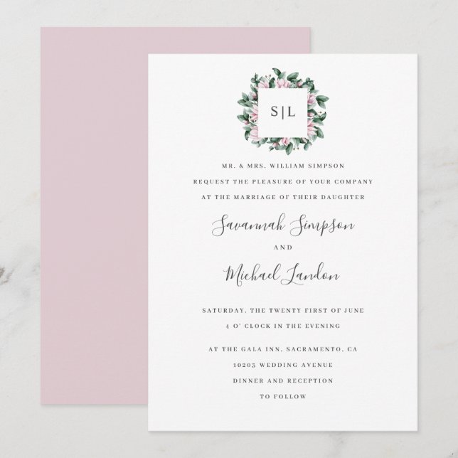 Painted Magnolia Eucalyptus pink monogram wedding Invitation (Front/Back)