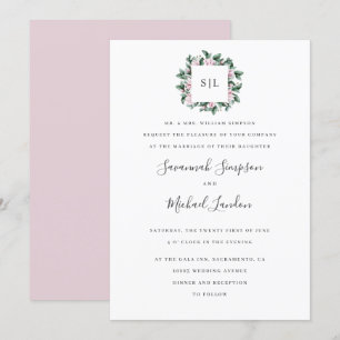 Painted Magnolia Eucalyptus pink monogram wedding Invitation
