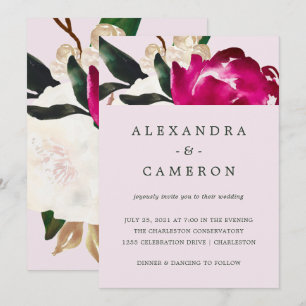 Painted Magnolia on Blush Pink   Wedding Invitation