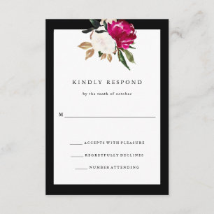 Painted Magnolia Wedding RSVP Black and White Card