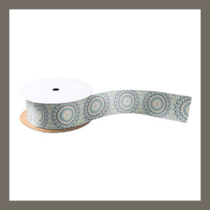 Painted Medallion Pattern in Blue and Beige Satin Ribbon