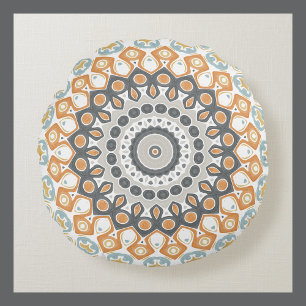 Painted Medallion Pattern in Orange and Grey Round Cushion
