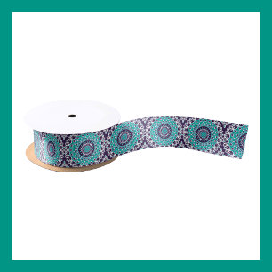 Painted Medallion Pattern in Teal and Violet Satin Ribbon