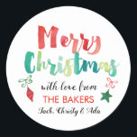 Painted Merry Christmas Ornaments Classic Round Sticker<br><div class="desc">Our Painted Merry Christmas Ornaments Classic Round Sticker features a colourful watercolor painted Merry Christmas message and ornaments. These stickers are perfect for holiday card envelopes,  gifts and more. This sticker matches our Painted Merry Christmas Watercolor collection.</div>