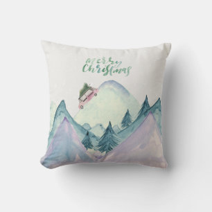 Painted MerryChristmas Mountain SceneThrow Pillow