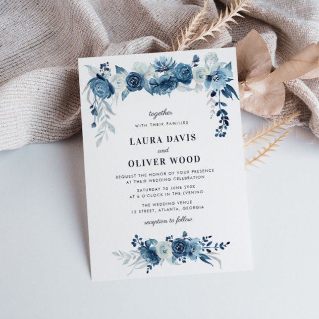 Painted moonlight blue floral wedding invitation (Creator Uploaded)