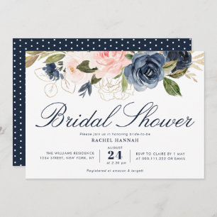painted navy blue and blush floral bridal shower invitation
