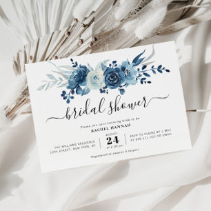 painted navy blue floral bridal shower invitation