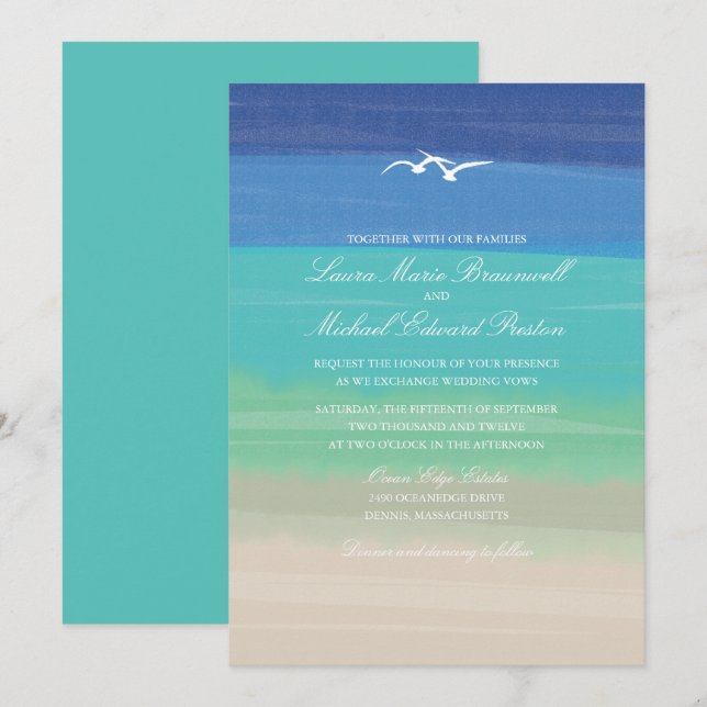 Painted Ocean Sand Sea Seagulls Wedding Invitation (Front/Back)