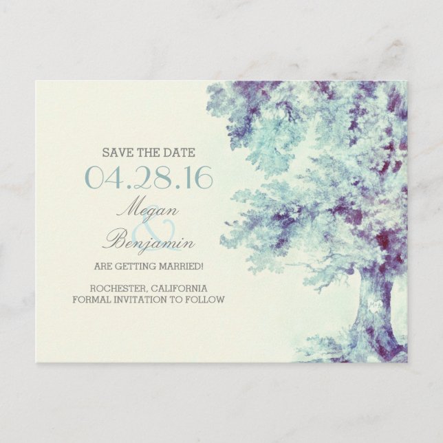 painted old tree vintage save the date postcards (Front)