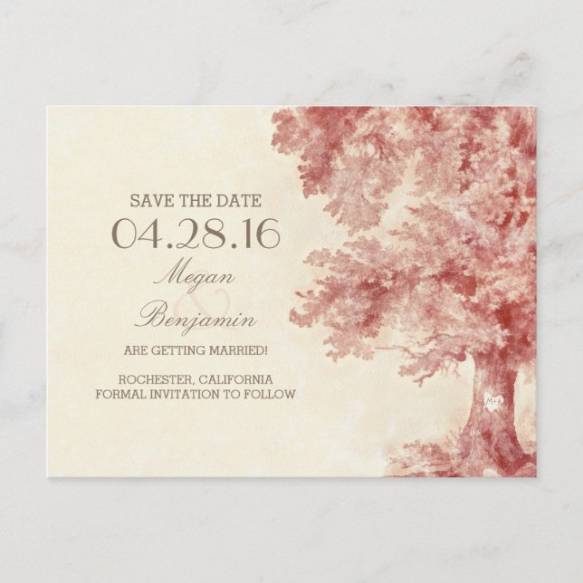 painted old tree vintage save the date postcards (Front)