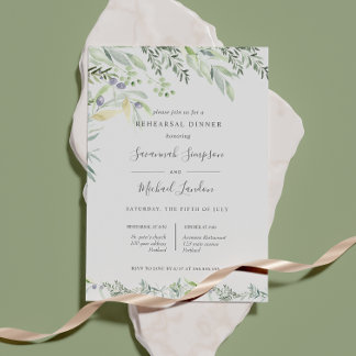 Painted Olive and leaves green Rehearsal Dinner Invitation