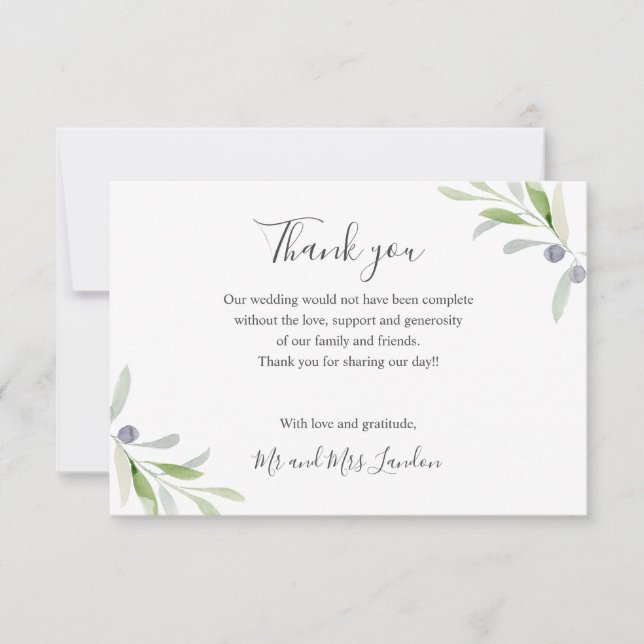 Painted Olive and leaves green Wedding thank you (Front)